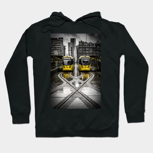 Yellow Manchester Trams at Tram Stop in Rain Hoodie by TonyNorth